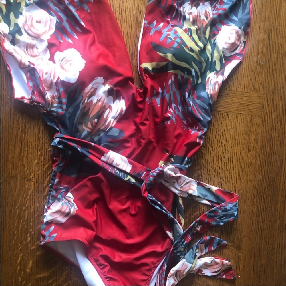 Red new with tags bathing suit floral print waist tie v-neck one piece X…
